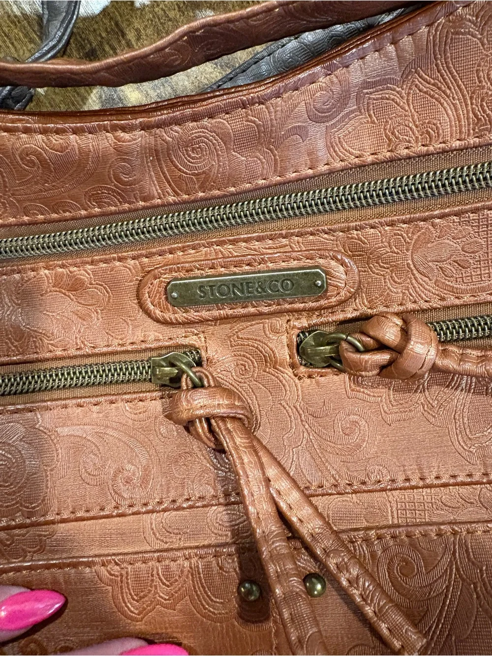 Stone & Co. Tan Embossed Shoulder Crossbody Bag with Tassels